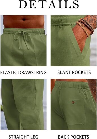PASLTER Mens Linen Cotton Pants Casual Drawstring Elastic Wasit Pants Summer Beach Yoga Trousers in Saudi Arabia