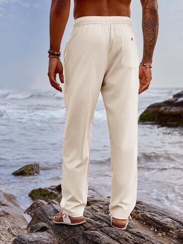 PASLTER Mens Linen Cotton Pants Casual Drawstring Elastic Wasit Pants Summer Beach Yoga Trousers in Saudi Arabia