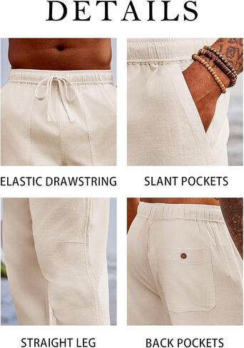 PASLTER Mens Linen Cotton Pants Casual Drawstring Elastic Wasit Pants Summer Beach Yoga Trousers in Saudi Arabia