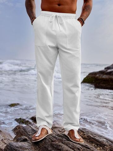 PASLTER Mens Linen Cotton Pants Casual Drawstring Elastic Wasit Pants Summer Beach Yoga Trousers in Saudi Arabia