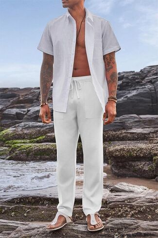 PASLTER Mens Linen Cotton Pants Casual Drawstring Elastic Wasit Pants Summer Beach Yoga Trousers in Saudi Arabia