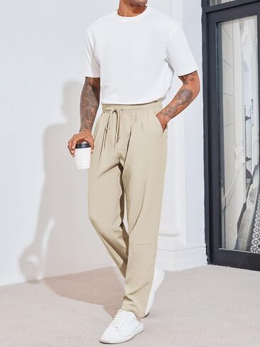 Runcati Mens Elastic Waist Pants Casual Drawstring Pants Trousers Relaxed Fit Slacks in Saudi Arabia
