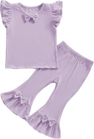 Toddler Baby Clothes for Girls 12 18 24 Month 2T 3T 4T 5T Ruffle Ribbed Knit T-Shirt & Flared Pants Summer Outfits in Saudi Arabia