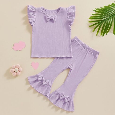 Toddler Baby Clothes for Girls 12 18 24 Month 2T 3T 4T 5T Ruffle Ribbed Knit T-Shirt & Flared Pants Summer Outfits in Saudi Arabia