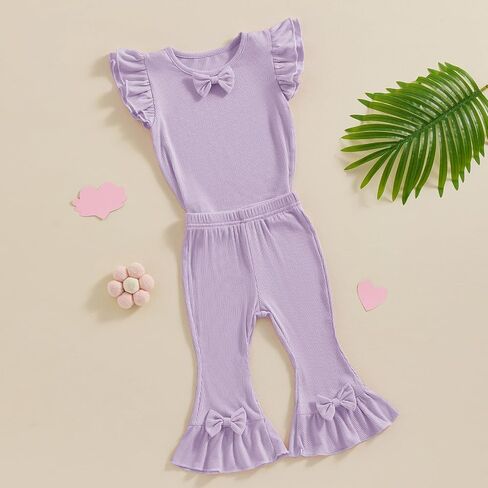 Toddler Baby Clothes for Girls 12 18 24 Month 2T 3T 4T 5T Ruffle Ribbed Knit T-Shirt & Flared Pants Summer Outfits in Saudi Arabia