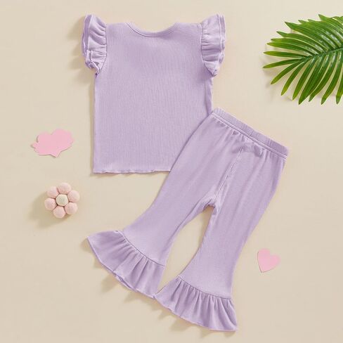 Toddler Baby Clothes for Girls 12 18 24 Month 2T 3T 4T 5T Ruffle Ribbed Knit T-Shirt & Flared Pants Summer Outfits in Saudi Arabia