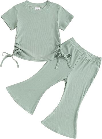 Toddler Baby Clothes for Girls 12 18 24 Month 2T 3T 4T 5T Ruffle Ribbed Knit T-Shirt & Flared Pants Summer Outfits in Saudi Arabia