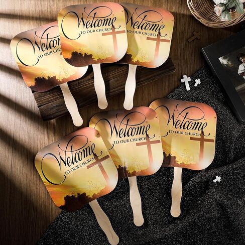 Yousoontic Church Fans Handheld Set of 50 Welcome to Our Church Fans Christian Paper Fan with Wooden Handle Church Handheld Fans Church Products for Church Services Church Visitor Gifts in Saudi Arabia