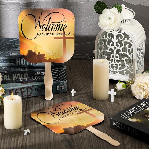 Yousoontic Church Fans Handheld Set of 50 Welcome to Our Church Fans Christian Paper Fan with Wooden Handle Church Handheld Fans Church Products for Church Services Church Visitor Gifts in Saudi Arabia