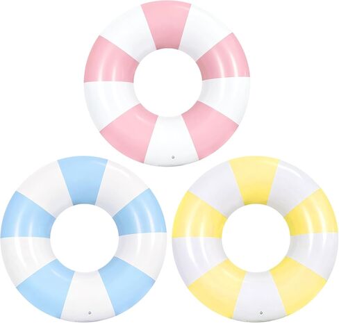 3 قطع 39.4 بوصة حلقة سباحة ضخمة مع مطبوعات ممتعة، مخططة لحمام السباحة، أنابيب حمام سباحة قابلة للنفخ، عوامات صيفية عائمة للسباحة على الشاطئ، حلقة سباحة كلاسيكية للأطفال والكبار in Kuwait