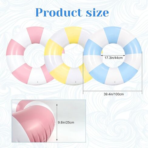 3 قطع 39.4 بوصة حلقة سباحة ضخمة مع مطبوعات ممتعة، مخططة لحمام السباحة، أنابيب حمام سباحة قابلة للنفخ، عوامات صيفية عائمة للسباحة على الشاطئ، حلقة سباحة كلاسيكية للأطفال والكبار in Kuwait