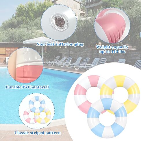 3 قطع 39.4 بوصة حلقة سباحة ضخمة مع مطبوعات ممتعة، مخططة لحمام السباحة، أنابيب حمام سباحة قابلة للنفخ، عوامات صيفية عائمة للسباحة على الشاطئ، حلقة سباحة كلاسيكية للأطفال والكبار in Kuwait