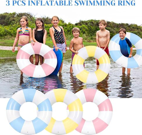 3 قطع 39.4 بوصة حلقة سباحة ضخمة مع مطبوعات ممتعة، مخططة لحمام السباحة، أنابيب حمام سباحة قابلة للنفخ، عوامات صيفية عائمة للسباحة على الشاطئ، حلقة سباحة كلاسيكية للأطفال والكبار in Kuwait