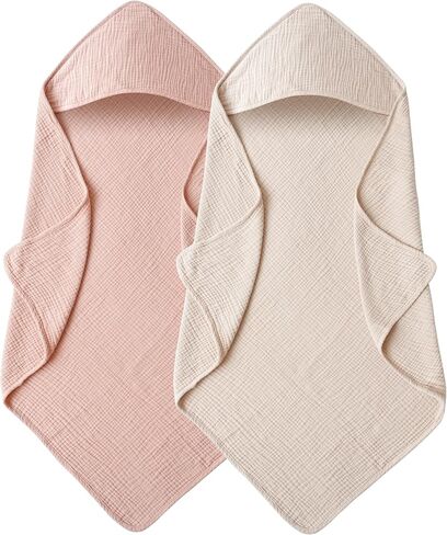 MairMore Muslin Baby Girls Hooded Towels 2 Pack, 32 x 32 in Bath Towels | Extra Soft & Absorbent, Newborn Essential, 100% Cotton Large Neutral Towels for Newborn, Infants, Girls and Boys (Pink) in Saudi Arabia