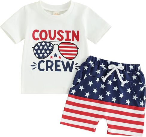 ملابس الأطفال الصغار في الرابع من يوليو، تي شيرت بأكمام قصيرة وشورتات غير رسمية قطعتين من ملابس الصيف في الرابع من يوليو in Kuwait