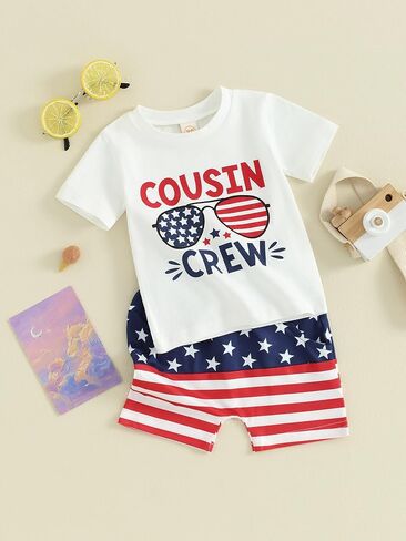 ملابس الأطفال الصغار في الرابع من يوليو، تي شيرت بأكمام قصيرة وشورتات غير رسمية قطعتين من ملابس الصيف في الرابع من يوليو in Kuwait