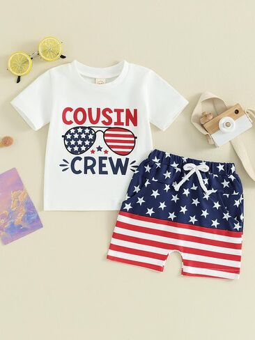 ملابس الأطفال الصغار في الرابع من يوليو، تي شيرت بأكمام قصيرة وشورتات غير رسمية قطعتين من ملابس الصيف في الرابع من يوليو in Kuwait