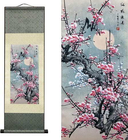 Jaxiuk Asian Wall Decor Beautiful Silk Scroll Painting Flowers - Plum - Red Plum Primula Primula Rubra Oriental Decor Chinese Art Wall Scroll Wall Hanging Painting Scroll (36.2 x 12 in) in Saudi Arabia