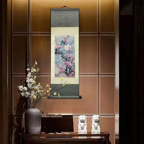 Jaxiuk Asian Wall Decor Beautiful Silk Scroll Painting Flowers - Plum - Red Plum Primula Primula Rubra Oriental Decor Chinese Art Wall Scroll Wall Hanging Painting Scroll (36.2 x 12 in) in Saudi Arabia