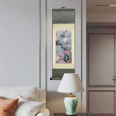 Jaxiuk Asian Wall Decor Beautiful Silk Scroll Painting Flowers - Plum - Red Plum Primula Primula Rubra Oriental Decor Chinese Art Wall Scroll Wall Hanging Painting Scroll (36.2 x 12 in) in Saudi Arabia