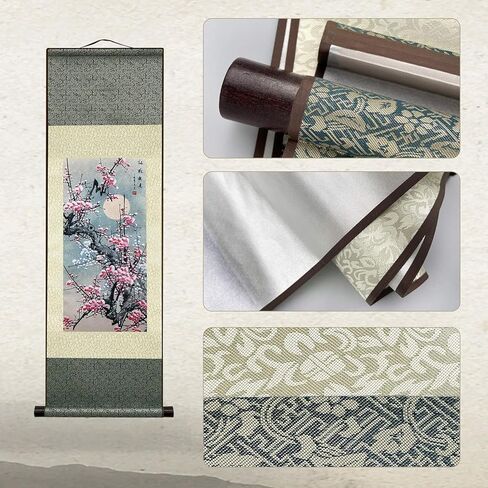 Jaxiuk Asian Wall Decor Beautiful Silk Scroll Painting Flowers - Plum - Red Plum Primula Primula Rubra Oriental Decor Chinese Art Wall Scroll Wall Hanging Painting Scroll (36.2 x 12 in) in Saudi Arabia