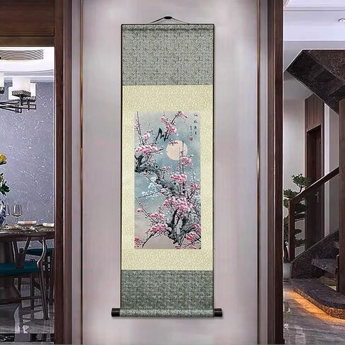 Jaxiuk Asian Wall Decor Beautiful Silk Scroll Painting Flowers - Plum - Red Plum Primula Primula Rubra Oriental Decor Chinese Art Wall Scroll Wall Hanging Painting Scroll (36.2 x 12 in) in Saudi Arabia