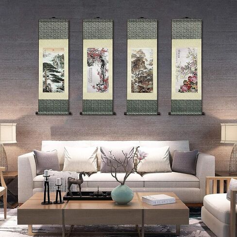 Jaxiuk Asian Wall Decor Beautiful Silk Scroll Painting Flowers - Plum - Red Plum Primula Primula Rubra Oriental Decor Chinese Art Wall Scroll Wall Hanging Painting Scroll (36.2 x 12 in) in Saudi Arabia