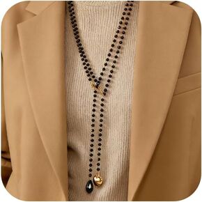 Gothic Long Layered Beaded Y Necklace, Dainty Black Crystal and Gold Heart Tassel Pendant Necklaces for Women Trendy Vintage Y2k Dress Sweater Jewelry Gift in Saudi Arabia