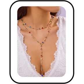 Gold Layered Necklace for Women 14k Gold Plated Y Long Choker Necklaces Boho Colorful Crystal Necklaces Wedding Party Prom Jewelry Accessories in Saudi Arabia