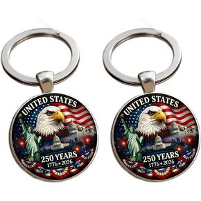 2Pcs USA 250th Anniversary Keychain, 250th Anniversary American Patriotic Metal Key Ring with Eagle, Flag & Landmarks Design, Commemorative Gift for Independence Day & Patriotic Events in Saudi Arabia