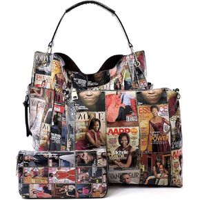 Magazine Cover Collage Michelle Obama Printed Square Hobo bag + Crossbody purse + Wallet 3pcs Set (Multi) in Saudi Arabia