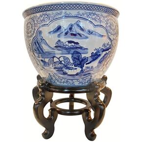 Oriental Furnishings Blue and White Porcelain Garden Pots Painted Landscape (10" W x 8" H | Inside Rim 8" | Base 6.5") in Saudi Arabia