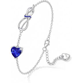 Solid 925 Sterling Silver Birthstone Bracelet for Women, 8"+2" Adjustable Dainty Link, 18K White Gold Plated Non-tarnish, Infinity Love & 5A Zirconia Heart, Unique Birthday Gifts for Wife Mom Daughter in Saudi Arabia