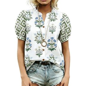 Women's Mixed Floral Print Ruffle Neck Puff Sleeve Cotton Boho Top Casual Blouse in Saudi Arabia