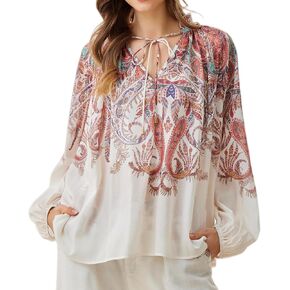 Women's See Through Balloon Sleeve Tie V Neck Paisley Boho Lightweight Tunic Blouse Peasant Ruffled Top in Saudi Arabia