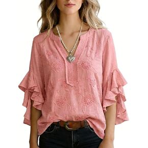 Women's Pink Floral Embroidered Split V-Neck Layered Ruffled 3/4 Sleeve Casual Blouse in Saudi Arabia