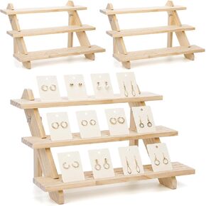 2 Pack 3 Tier Wooden Riser, Earring Display for Vendors - Solid Wood Tiered Stand with Groove for Jewelry Cards, Cupcakes, Party Desserts, Retail Booth & Farmers Market in Kuwait