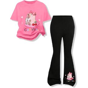 Girls Clothes Cute Capybara Print & Cherr Short Sleeve Print Tops Flared Pants Set Tween Girl Outfits Size 7-14 in Kuwait