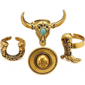 ASIJUNTYECHO 4 Pick Western Rings for Women, Cowboy Jewelry for Women, Horseshoe & Turquoise Bull Head Ring Set, Vintage Western Statement Open Rings for Cowgirls in Saudi Arabia
