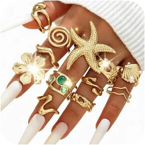 Golden Knuckle Stacking Rings Set for Women Boho Dainty Crystal Starfish Wave Shell Flower Rings Pack Vintage Trendy Beach Holiday Stuff Jewelry Gift in Saudi Arabia