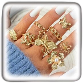 Gold Chunky Hollow Butterfly Stackable Knuckle Rings Set for Women,Boho Dainty Geometric Flower Leaf Statement Rings Modern Minimalist Jewelry Gifts in Kuwait