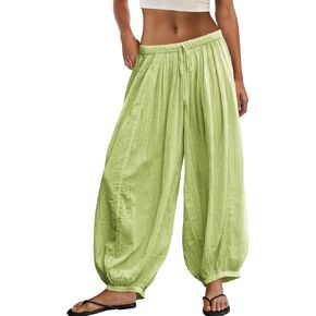 Panadila Women Balloon Pants Sheer Beach Pants Flowy Drawstring Wide Leg Trousers Summer Vacation Outfits (Avocado Green,L) in Saudi Arabia
