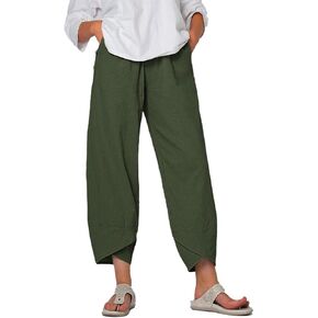 BIVENANT Linen Pants for Women Cotton Casual Summer Capri Pants Elastic Waist Wide Leg Cropped Pants with Pockets in Saudi Arabia