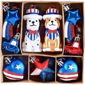 DecorbyHannah 4th of July Tree Decorations, 32ct Memorial Day Ornaments for Tree Patriotic Red White Blue Shatterproof Hanging Dog Pet Car Ornaments for Independence Day, Flag Day, USA 250th Holiday in Saudi Arabia