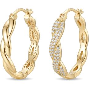 14K Yellow Gold Hoop Earrings for Women, Large Twisted Hinged Hoops with Paved Diamond Sparkly CZ Earring Jewelry, 4mm *29mm in Saudi Arabia