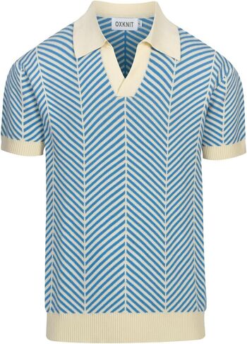 OXKNIT قمصان رجالية متماسكة قصيرة الأكمام 1960s خمر الأزرق المشارب محبوك قميص بولو البيج الخامس الرقبة القطن بولو تريكو in Kuwait