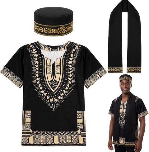 مجموعة Jiuguva 3 قطع من Dashiki الأفريقية للرجال، وشاح Kente Stole وقميص Dashiki 2xl مع وشاح متطابق مع قبعة Kente للتاريخ الأسود in Kuwait