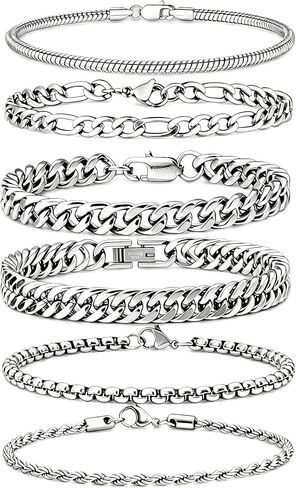 6 Pcs Silver/Gold Bracelets for Men, Cuban Link Chain Stainless Steel Bracelet Stack Metal Figaro Rope Black Bracelet Set Mens Fashion Accessories Jewelry Set for Men Dad Husband Son 7.5/8.3/9 Inches in Saudi Arabia