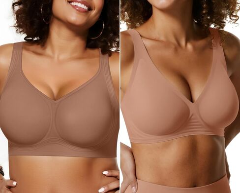 OEAK Womens Wireless Jelly Bra Plus Size Seamless Deep V Bras Coffee+Latte XL in Kuwait