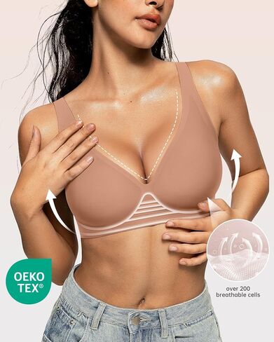 OEAK Womens Wireless Jelly Bra Plus Size Seamless Deep V Bras Coffee+Latte XL in Kuwait